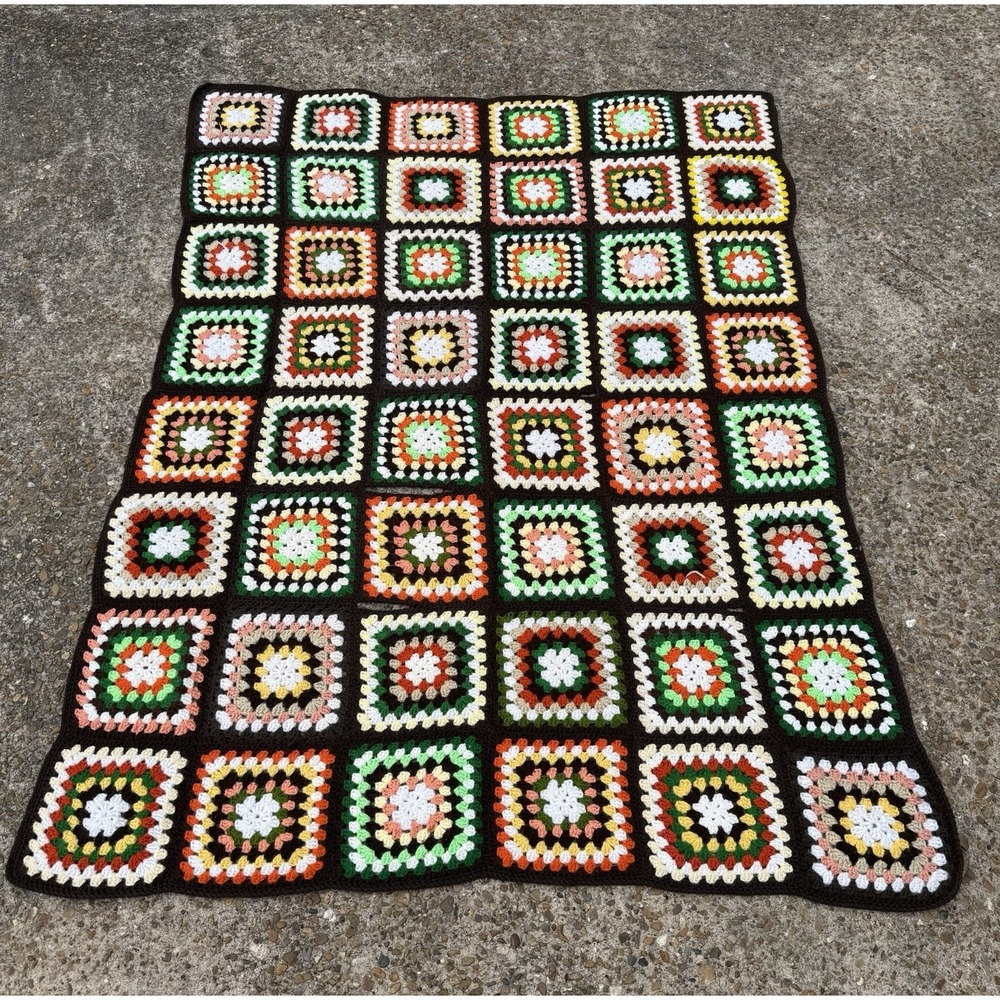 Grannycore Knit Vintage Handmade Square Crochet Throw Blanket
